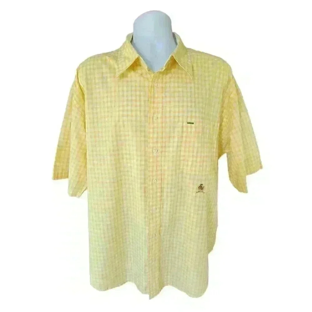 Tommy Hilfiger Mens Button Up Shirt Size XXL Short Sleeve Yellow Micro Plaid